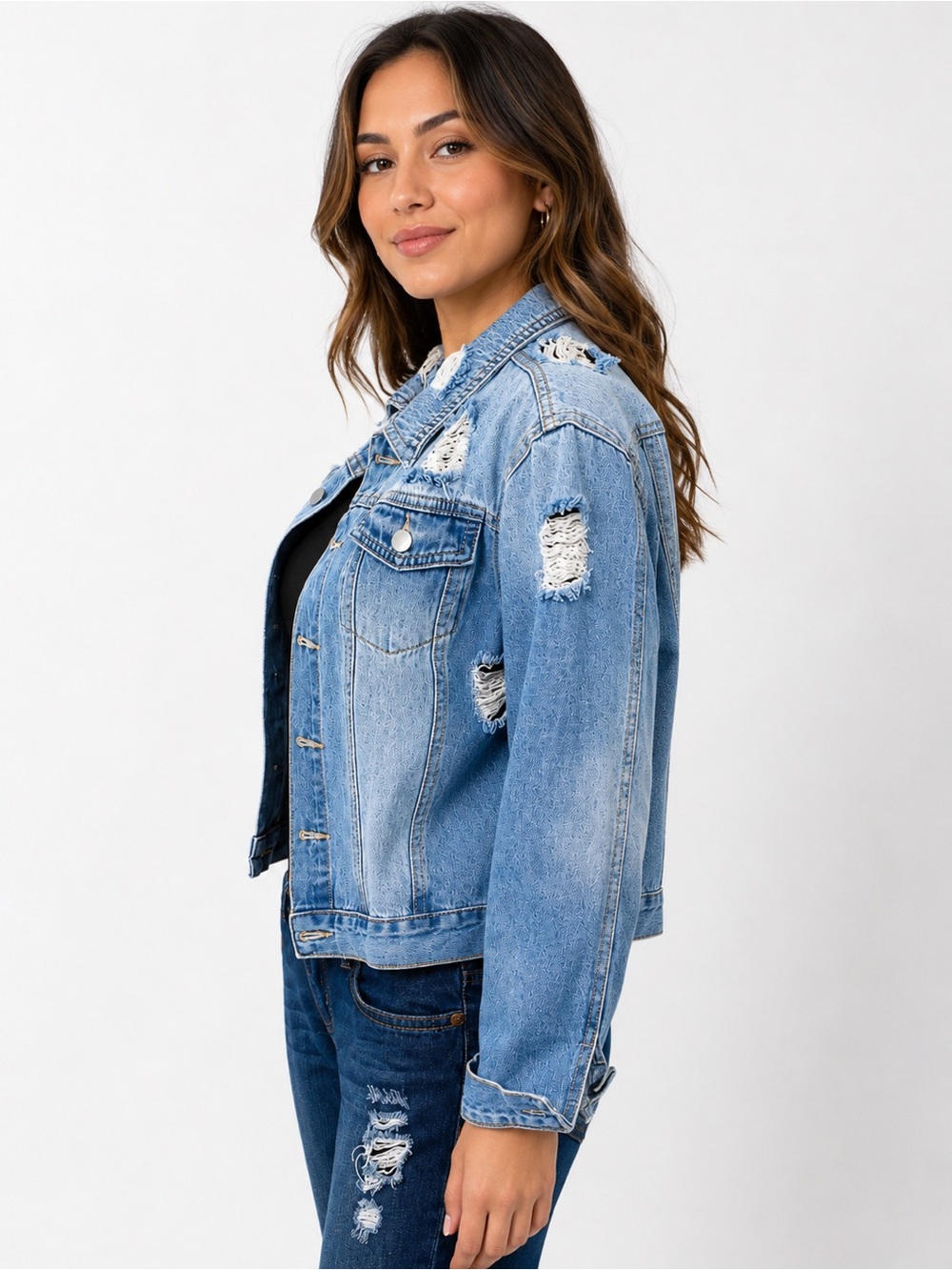 Distressed Blue Ripped Button-Up Denim Jacket – Size 8 - Picture 2 of 12